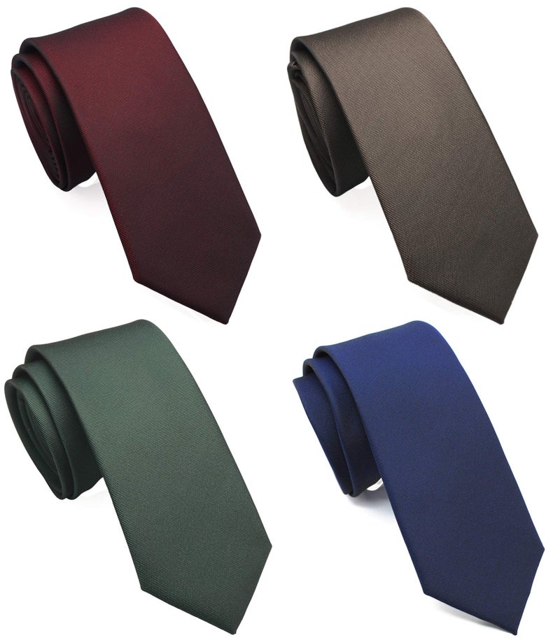ZENXUS Skinny Solid Ties for Men, 2.5 inch Slim Neckties Matte Plain Assorted, Navy, Green, Burgundy, Coffee, 4-Pack - Image 1